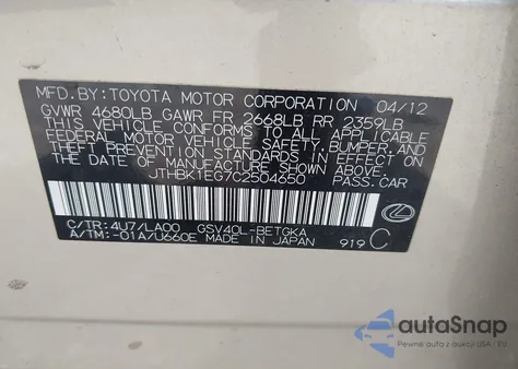 2012 Lexus Es 350 из США, поврежденный, VIN JTHBK1EG7C2504650